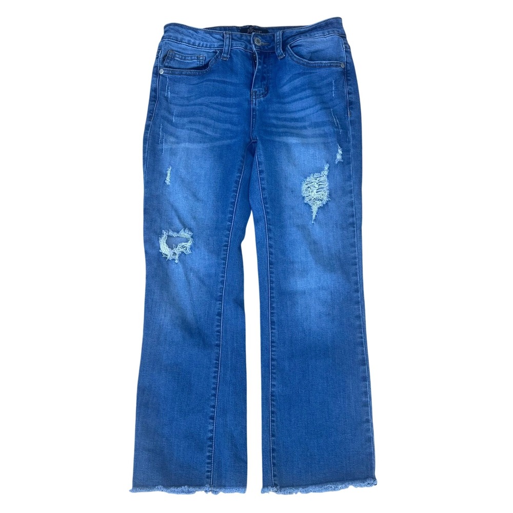 Judy Blue Relaxed Crop Flare Jeans Distressed Raw Hem Medium Wash 5/27 stretch